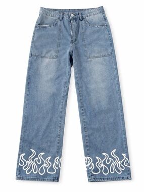 Manfinity Flame Jeans Y2K Streetwear Blue Denim Wide Leg Womens Small 32x30